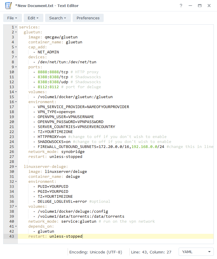 Deluge with GlueTUN VPN in Docker on a Synology NAS